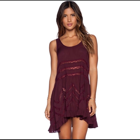 Free People Voile & Lace Maroon with Black Polka Dot Trapeze Dress - Picture 3 of 12